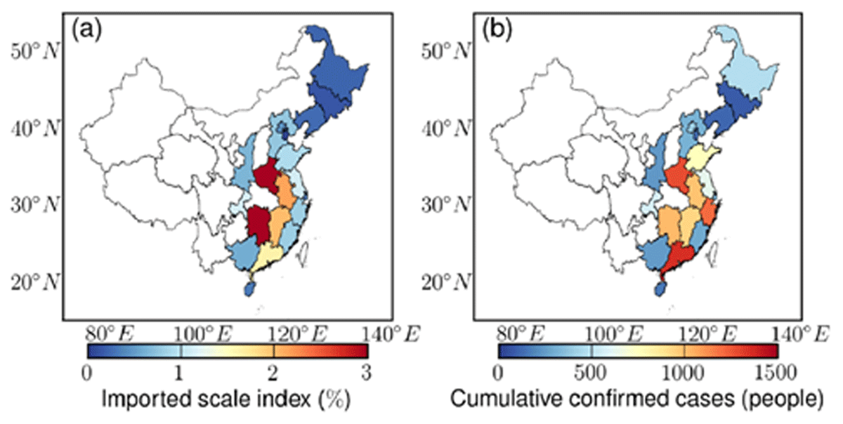 (a) Spatial distribution of the imported scale index for each province located on plains in China from 19 to 23 January 2020. (b) Spatial distribution of the cumulative number of confirmed cases of COVID-19 for each province located on plains in China on 29 February 2020 (Lin et al., 2020)
