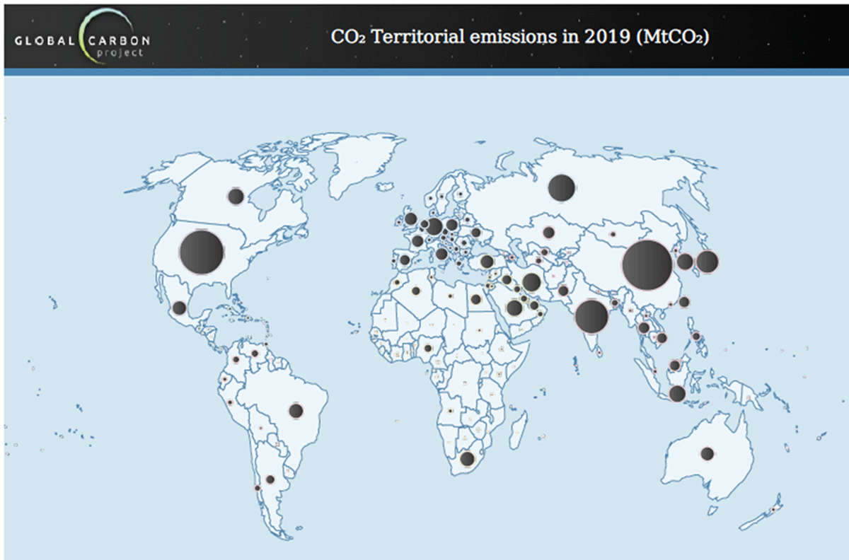 Carbon Dioxide emissions on the world map (Global Carbon Project, 2019)