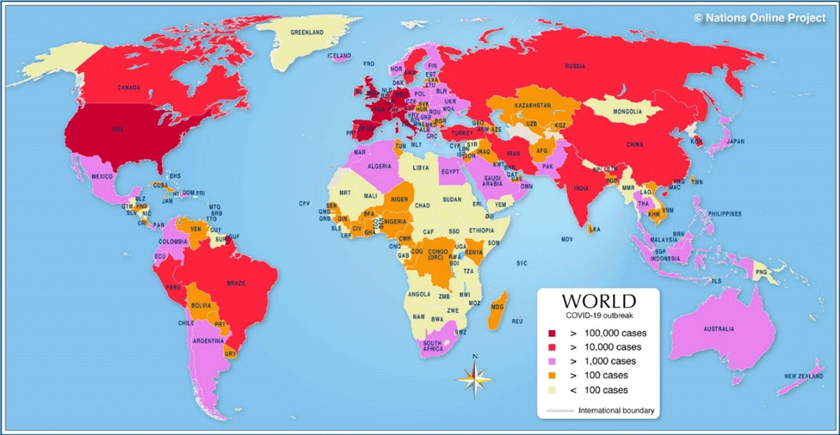 The updated world map of coronavirus outbreak shows countries with the number of confirmed COVID-19 cases (Nations Online, 2020)