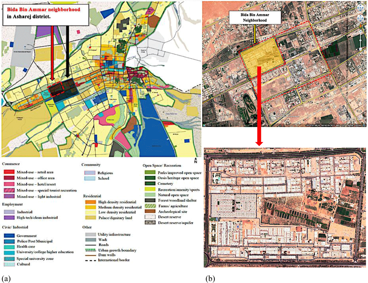 a,b a) Land-use Framework Plan for Al Ain City in 2030, and b) Bida Bin Ammar neighborhood in Asharej District (Google Earth and ADUPC, 2009)