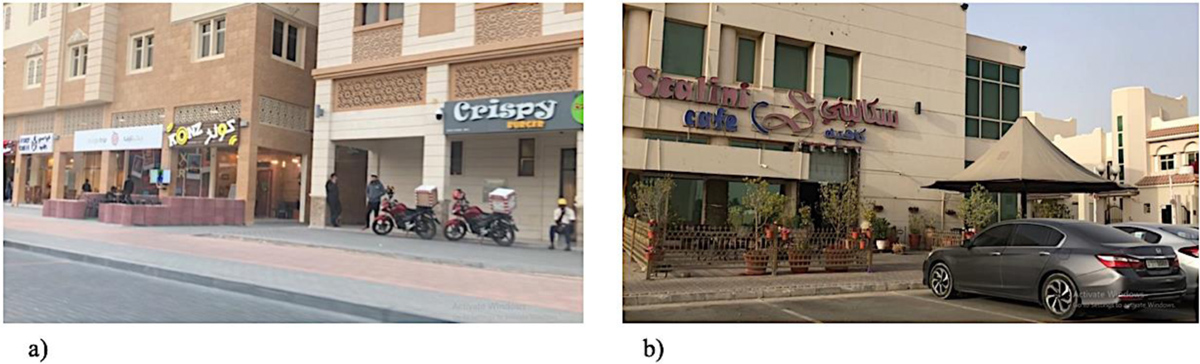 a,b Enhanced natural surveillance but the outside seating areas of the restaurants and café shops hinder walkability, and delivery motorcycles decrease safety of pedestrians