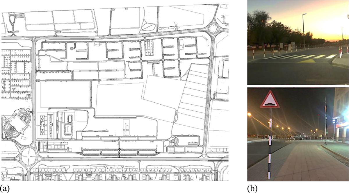 a,b The street network of Bida Bin Ammar neighborhood and an example of the street flat humps and signs in Zone A