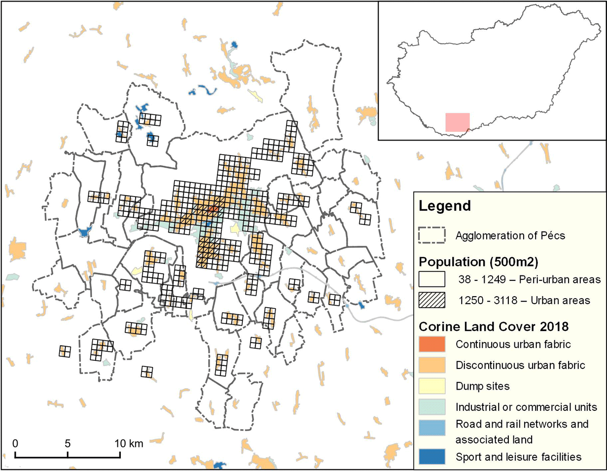 In 1 square km grids on Pécs map hatching show urban, peri-urban and rural areas