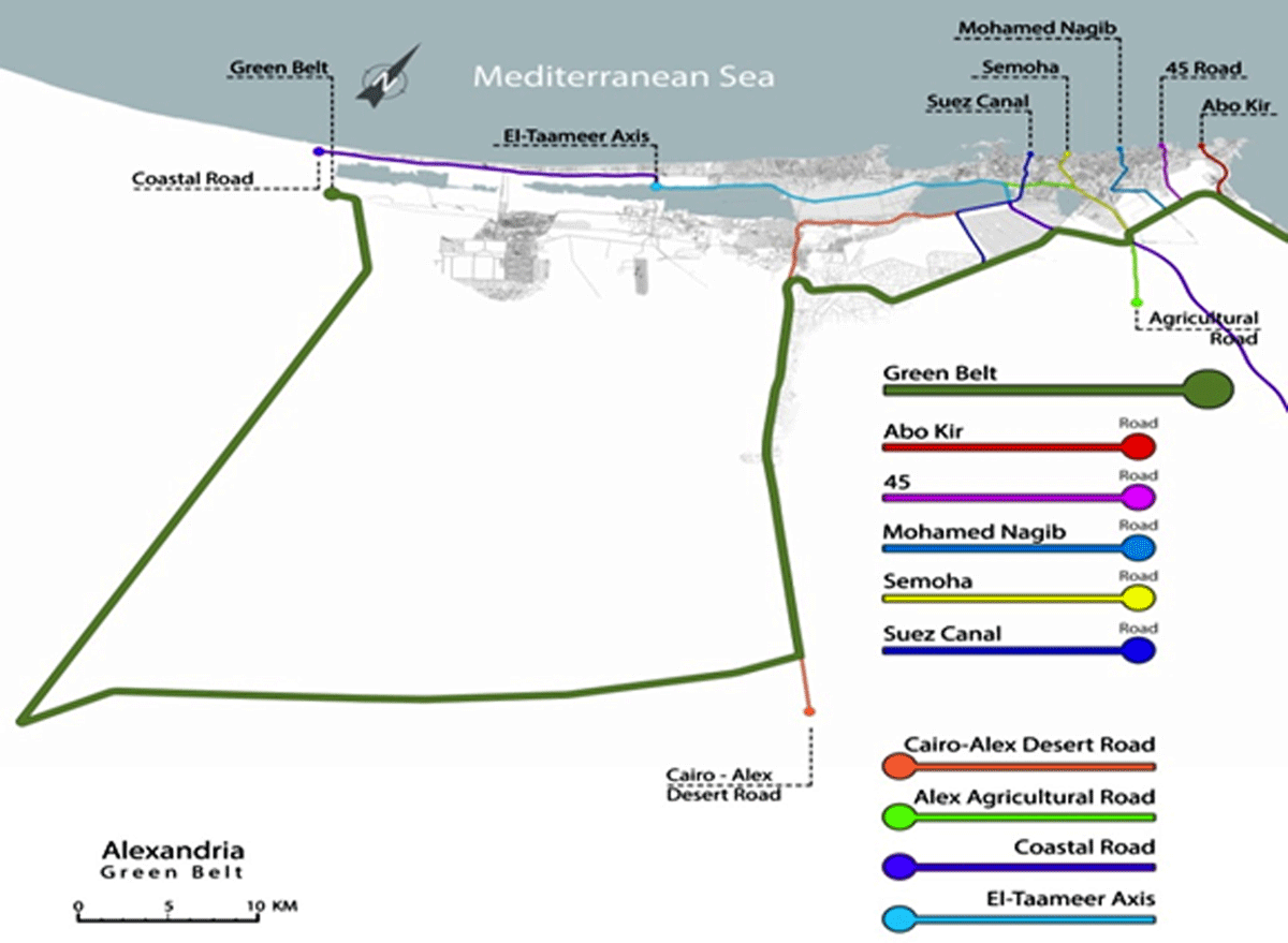 Suggested Green Belt and its Road and Axes (made by the researcher)