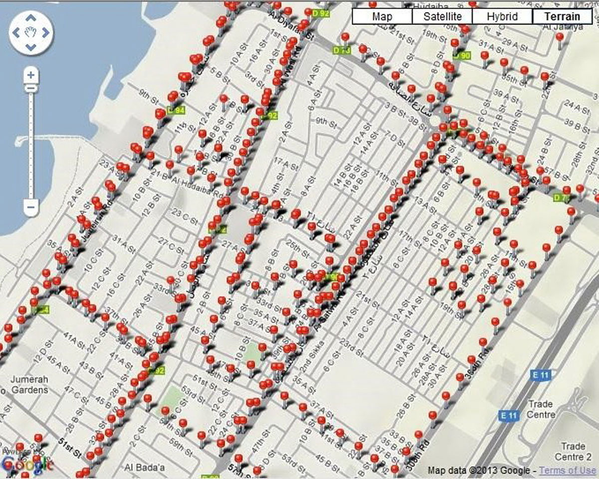 GPS placemarkers of images overlayed on a Dubai map