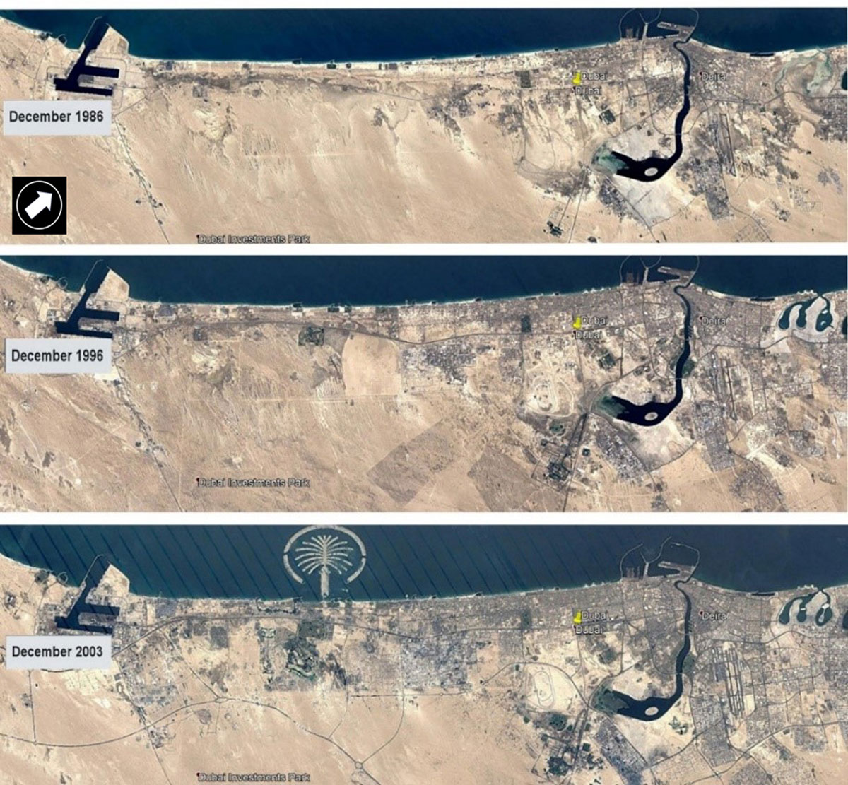 Three hisotric maps of Dubai for 1986, 1996, and 2003