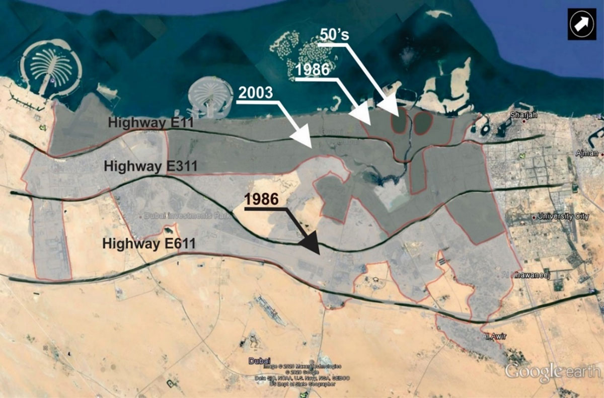 Map showing Dubai city growth from the 1950’s to 2020