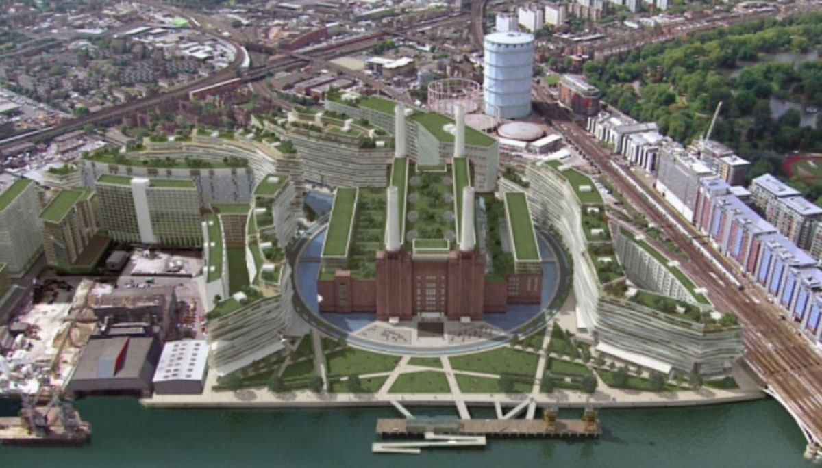 London recreational area near Battersea power station after its renovation