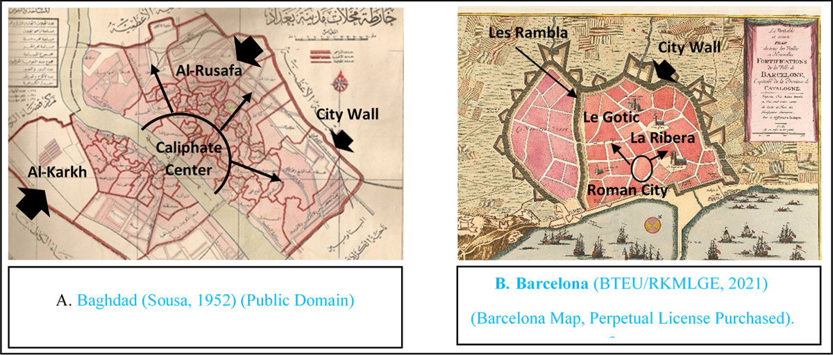 Baghdad and Barcelona growing outside their city walls, Medieval
                        phase