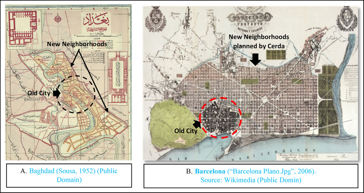 Urban expansion outside old cities walls of Barcelona and Baghdad
                        around twentieth century