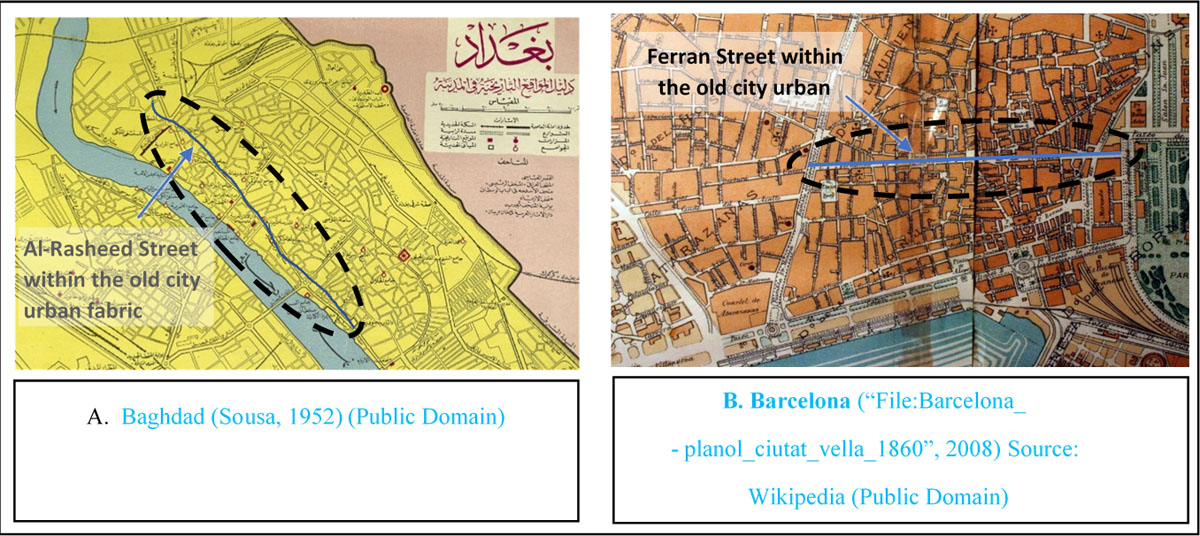 First urban intervention in the old cities of Barcelona and Baghdad
                        around twentieth century