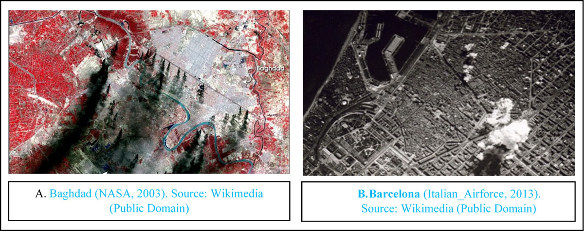 Bombing of Baghdad and Barcelona including their historic city
                    centers