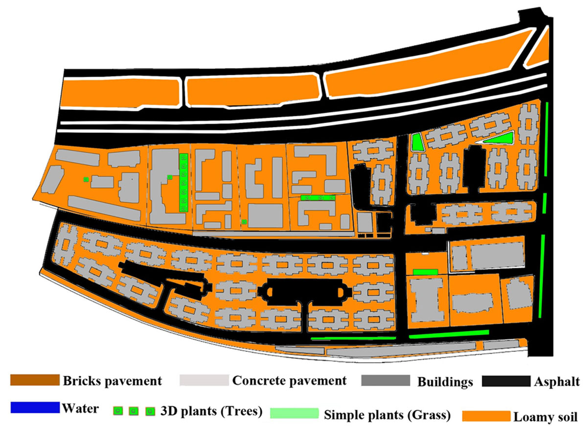 The base case study area existing situation modelled in ENVI-met