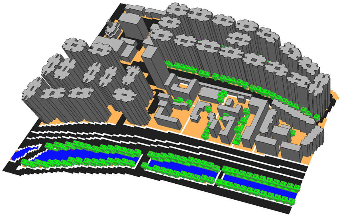 Scenario 2 (GG.W) combining the green and blue infrastructures, the green spaces as 1/1.0 (person/m2), with ratio of 1:4:1