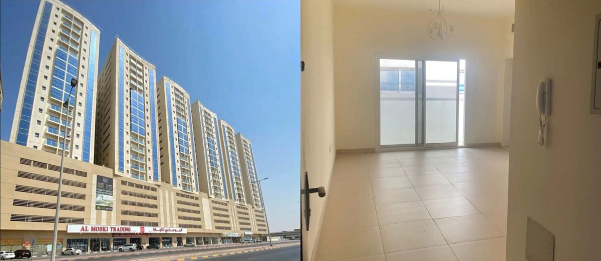 Yasmeen Tower from the street (left) and in the living room at one of the measured units (right)
