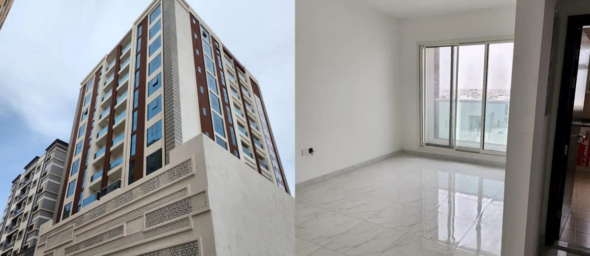 Al Wahat Tower from the street (left) and in the living room at one of the measured units (right)