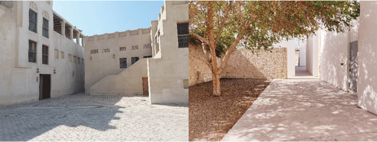 Left: the renovated Bait Alserkal, Sharjah. Right: A path between the art galleries, Sharjah (photos by authors)