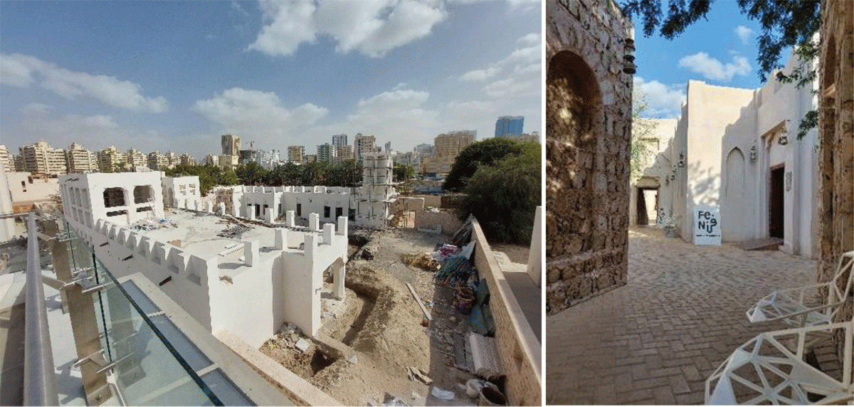 Left: Reconstruction and renovation in progress at the heart of Sharjah. Right: The pathway to the Fen Café. (photos by authors)