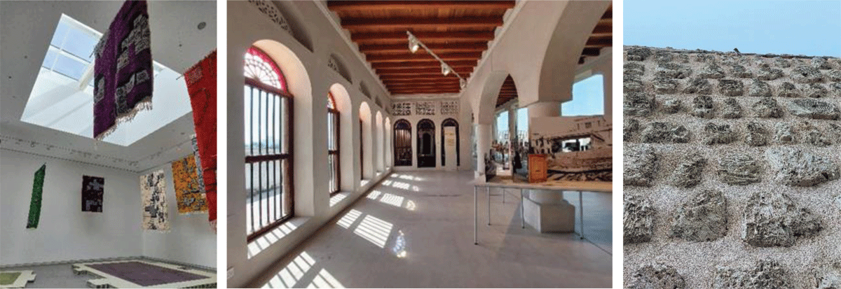 Left: Exhibitions at one of the galleries. Middle: Exhibtions at the renovated Bait Alserkal during Sharjah Art Biennial 2023. Right: The use of the coral stone as tribute to the traditinal vernacular emirtai architecture. (photos by authors)