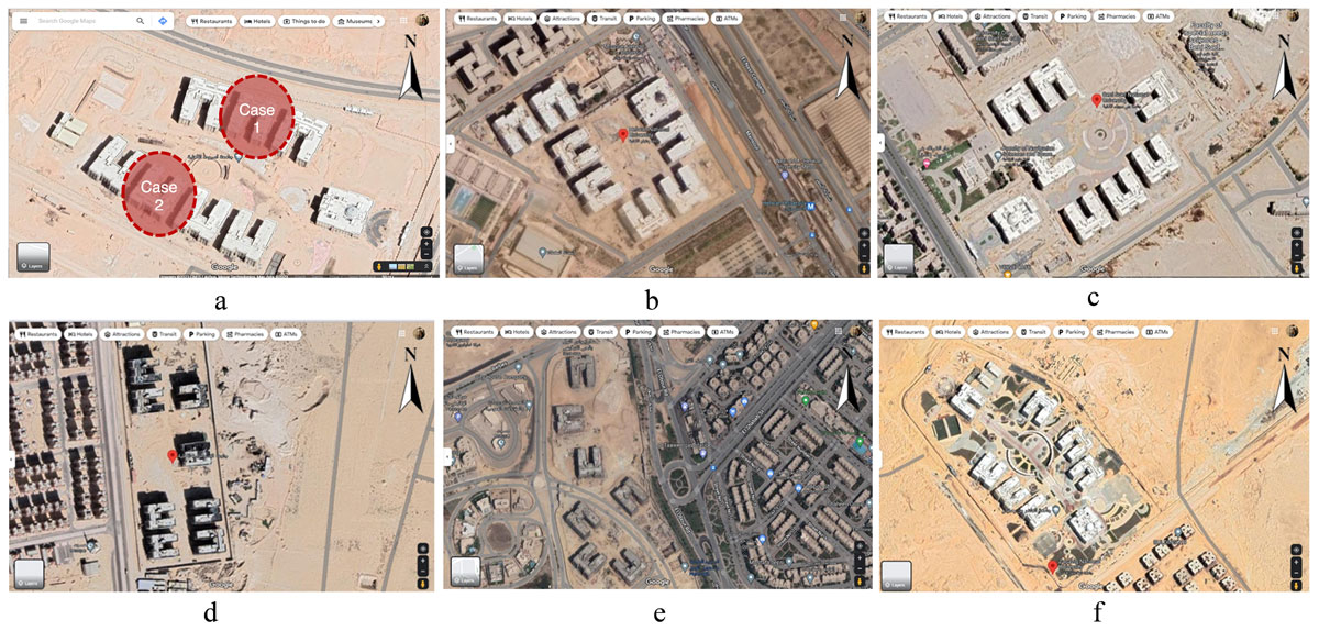 Masterplan of National Universities in different cities in Egypt. a) Assiut city (27°16’28.47”N, 31°16’30.15”E), b) Helwan city (29°52’12.71”N, 31°19’1.34”E), c) Beni Swif city (29°2’3.00”N, 31°7’19.21”E), d) Ismailia city (30°35’9.38”N, 32°21’15.96”E), e) Benha city (30°14’46.46”N, 31°27’24.10”E), f) Zagazig city (30°14’32.76”N, 31°42’5.57”E)