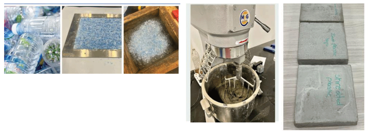Images of the shredded waste plastic and combing them with concrete to have concrete samples with plastic