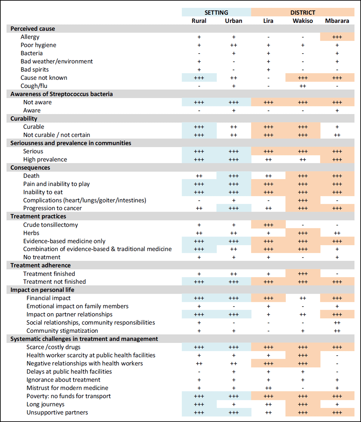 Data display matrix showing the relative frequency of themes by setting and district