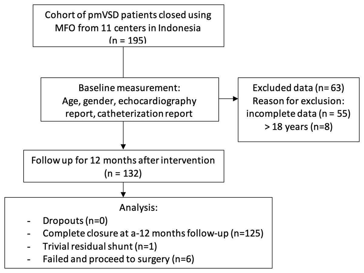 Flow chart of transcatheter in ventricular septal defect closure of a multicenter study in Indonesia.