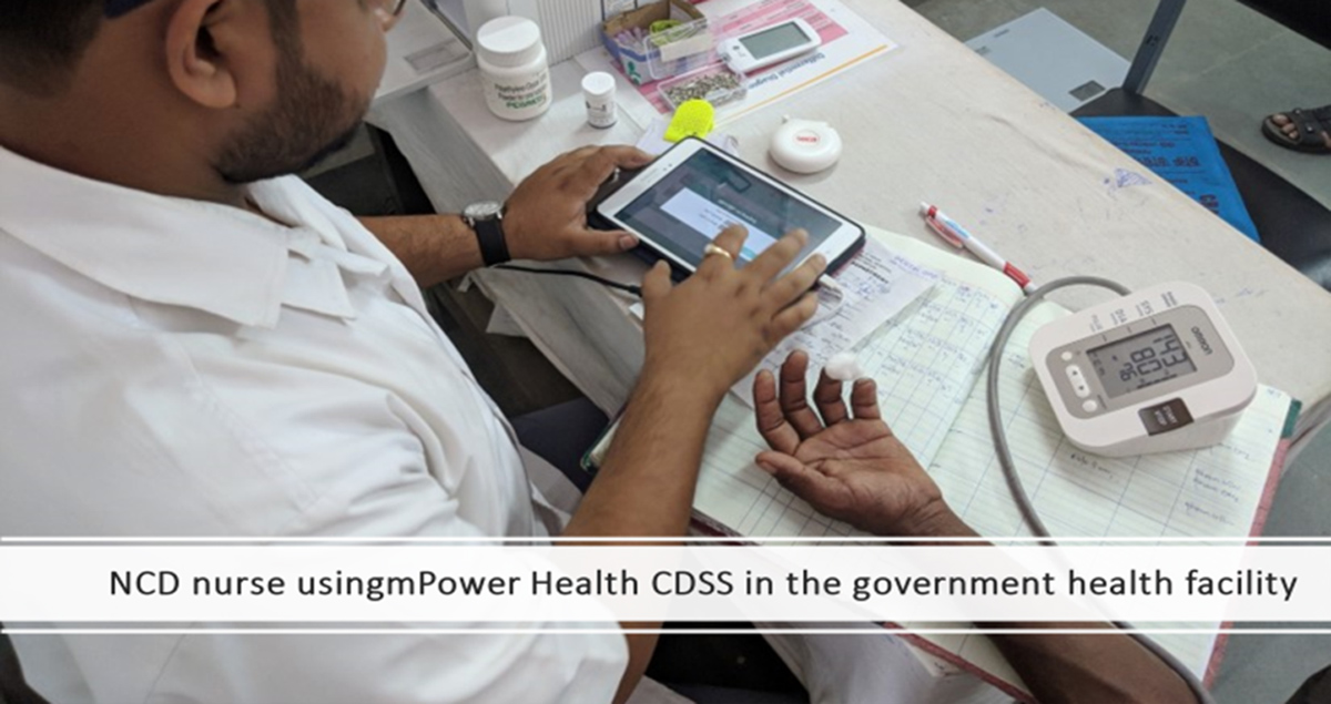 NCD nurse using mPower Health CDSS in a government health facility, reproduced with permission from the Centre for Chronic Disease Control (CCDC), New Delhi, India