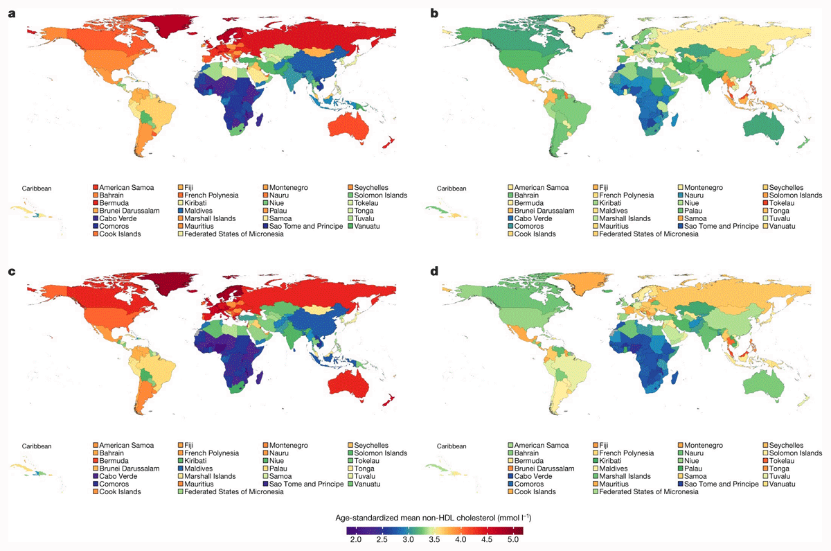 Age-standardized mean non-HDL cholesterol (mmol/L-1) across the world from the NCD Risk Factor Collaboration