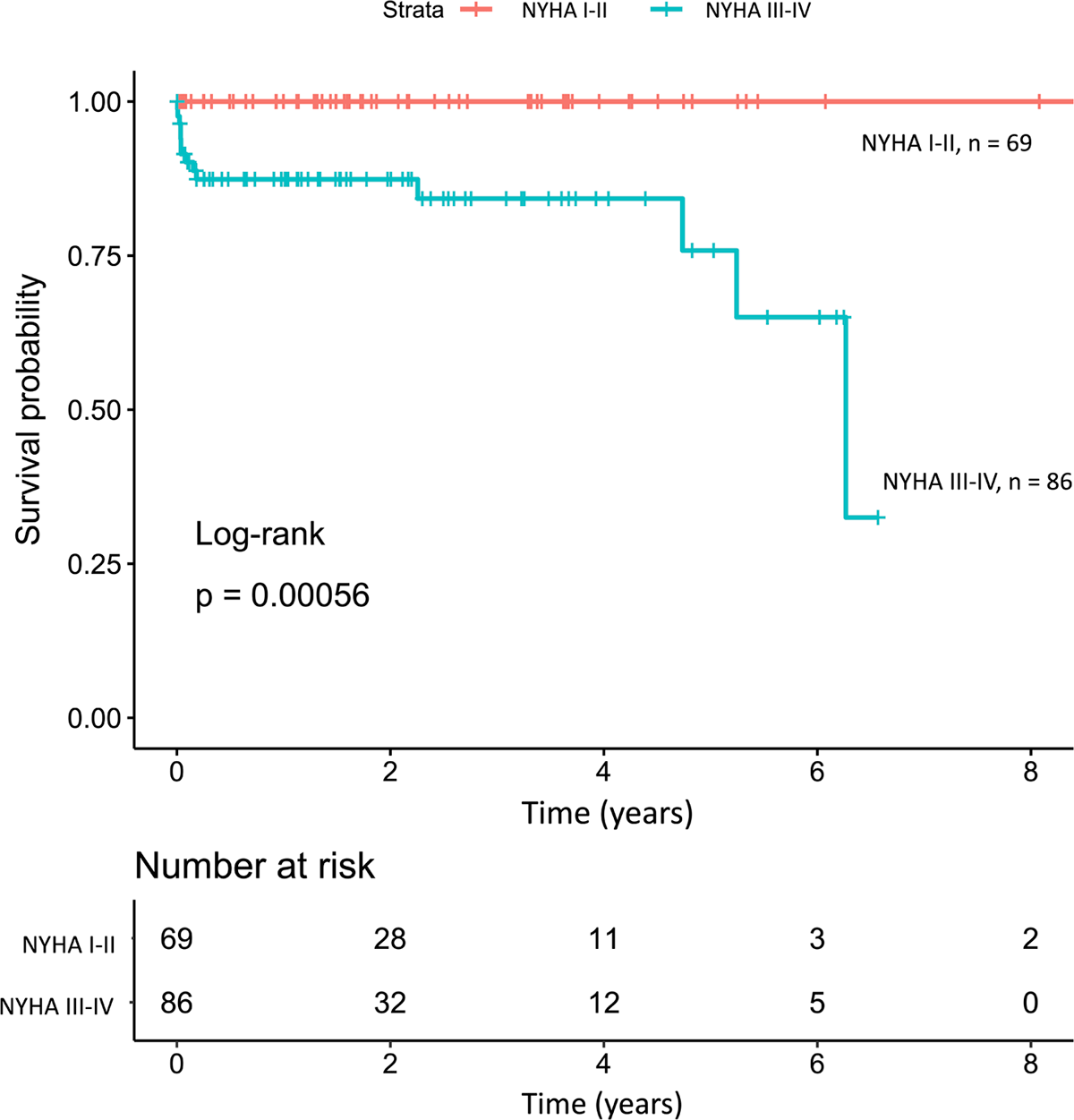 Survival of children with NYHA functional class III-IV was lower compared with NYHA functional class I-II