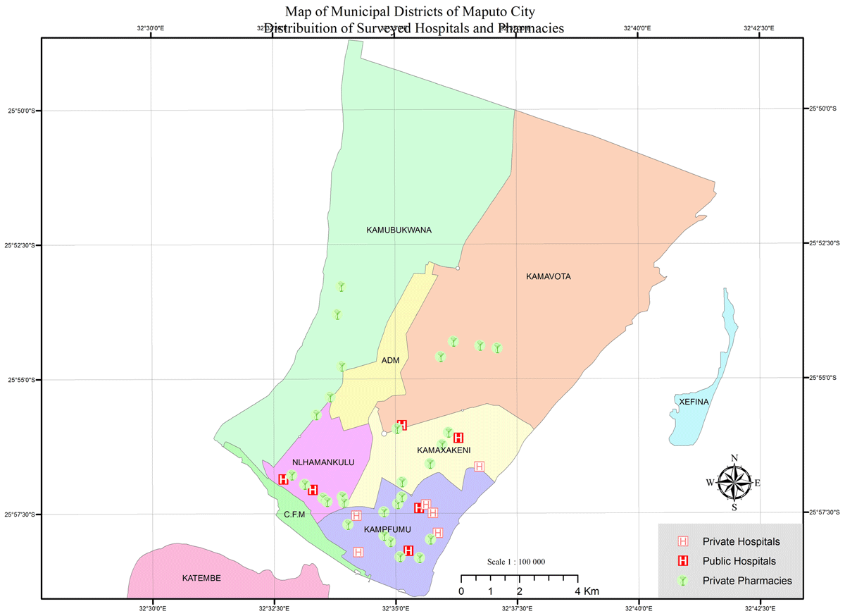 Map of the survey area and location of the surveyed facilities in Maputo city, Mozambique