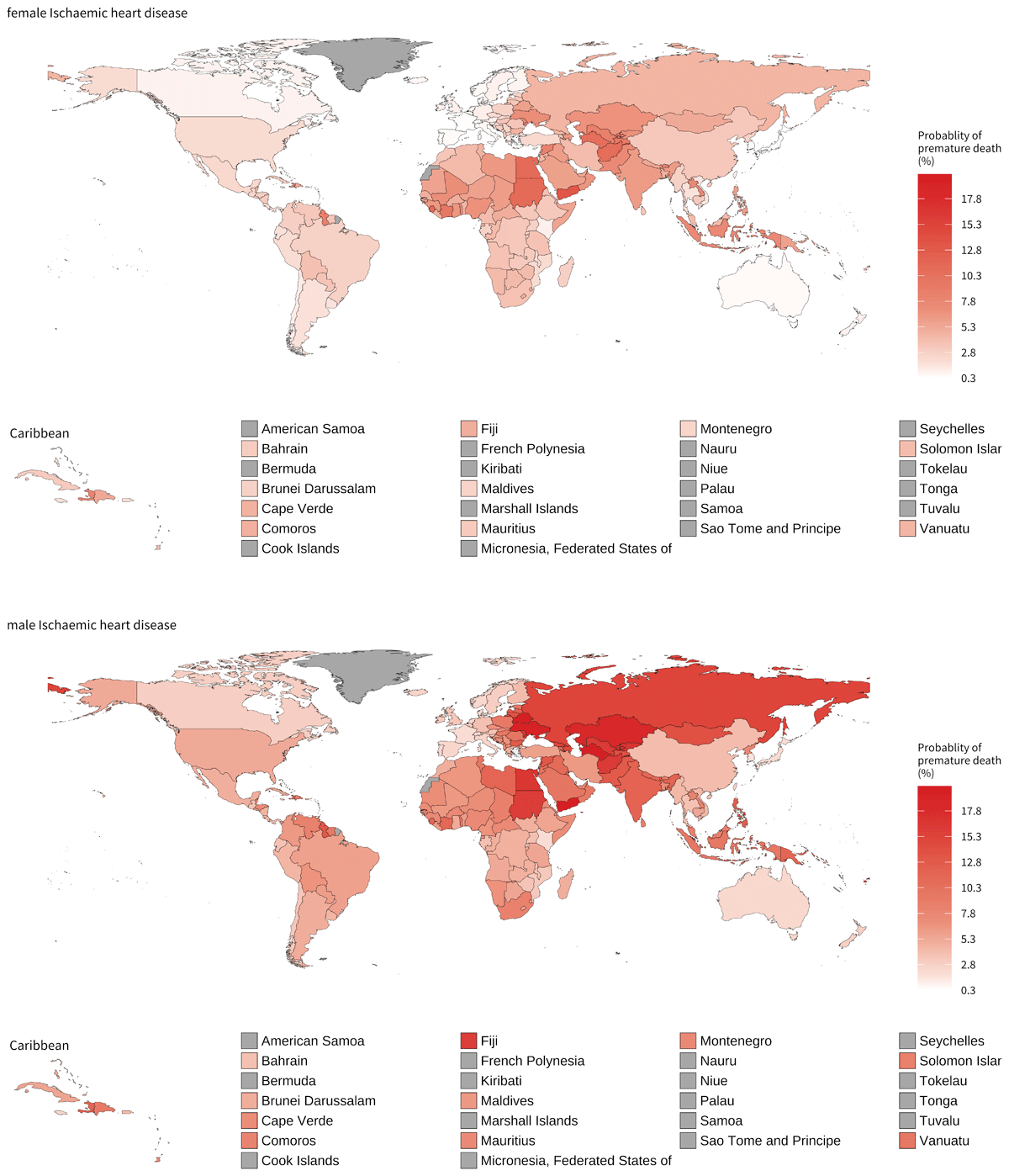 Probability of dying (reported as a percentage) in 2015 between 30 years and 70 years of age from ischaemic heart disease by sex