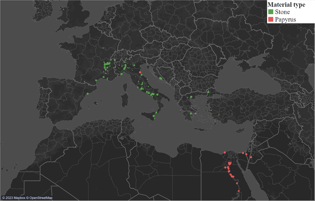 Showing consular dates distribution, CE 476-526, by material and density