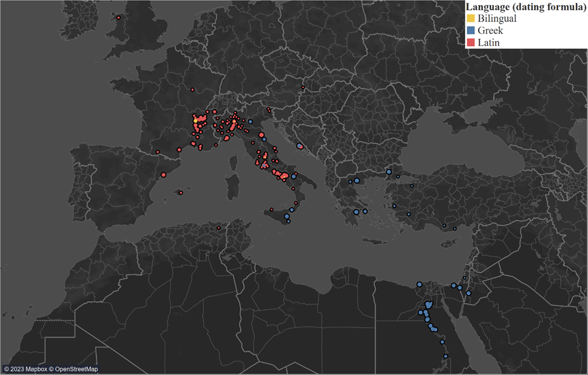 Showing linguistic evidence distribution, CE 476-526, with colour-coded language details and size indicating evidence density