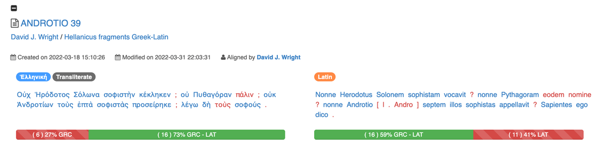 An example of an aligned paragraph on Ugarit, with a majority of tokens aligned indicated in blue and some not aligned indicated in red. The text is a fragment from the fragmentary Historian Androtio, used in the creation of the Grc-Lat dataset.