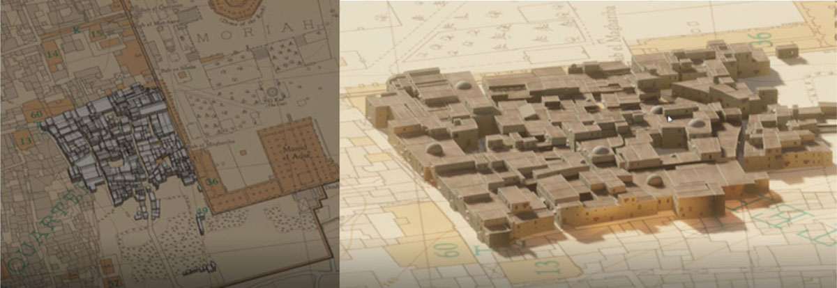 Screenshot showing the first 3D blocks directly reconstituted on the map