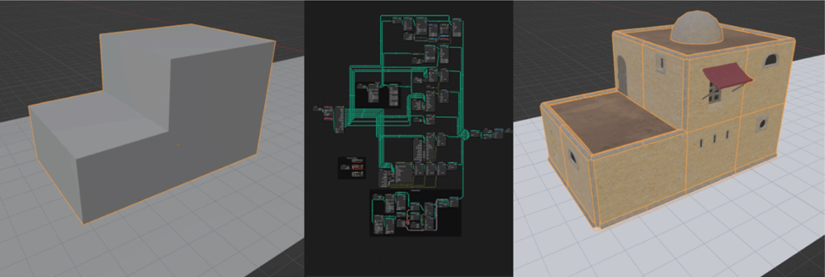 Block out of a building (on the left); Geometry Nodes for procedural generation (in the middle); final aspect of the building (on the right)