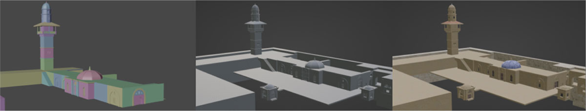 Madrasa al-Fahriyya: block out (on the left); detailed modelling (in the middle); texturing (on the right)