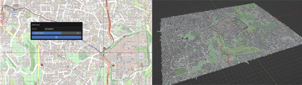 Selection of the area of interest from OpenStreetMap (on the left); creation of the buildings (on the right)