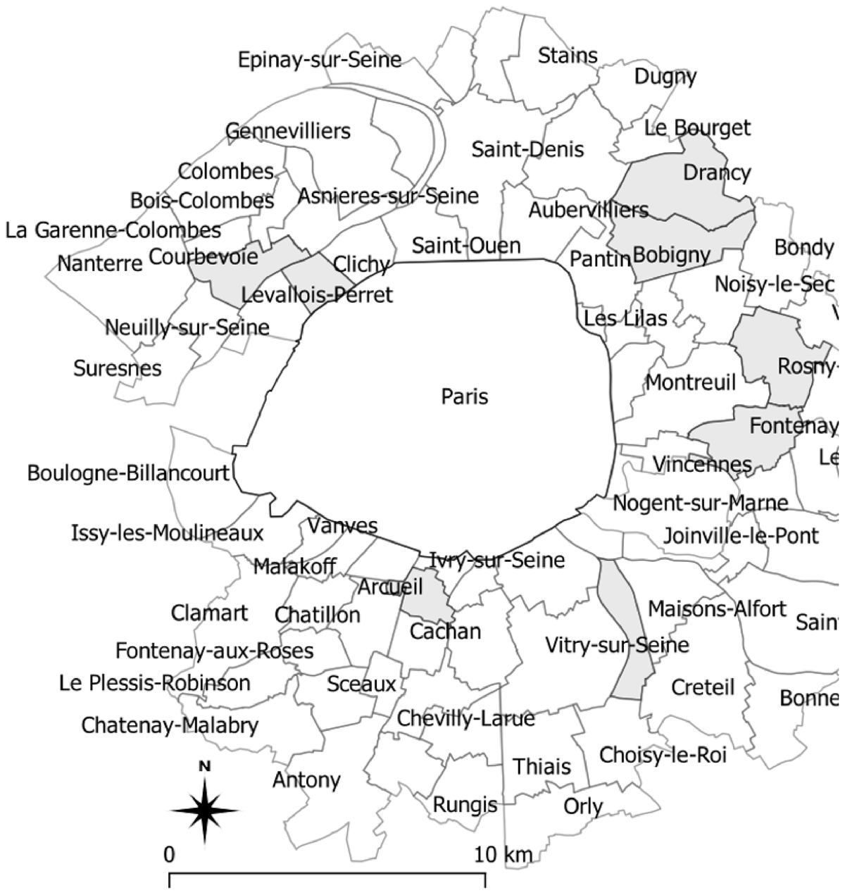 Map of municipalities in the Paris metropolis surveyed in 1954 at block level