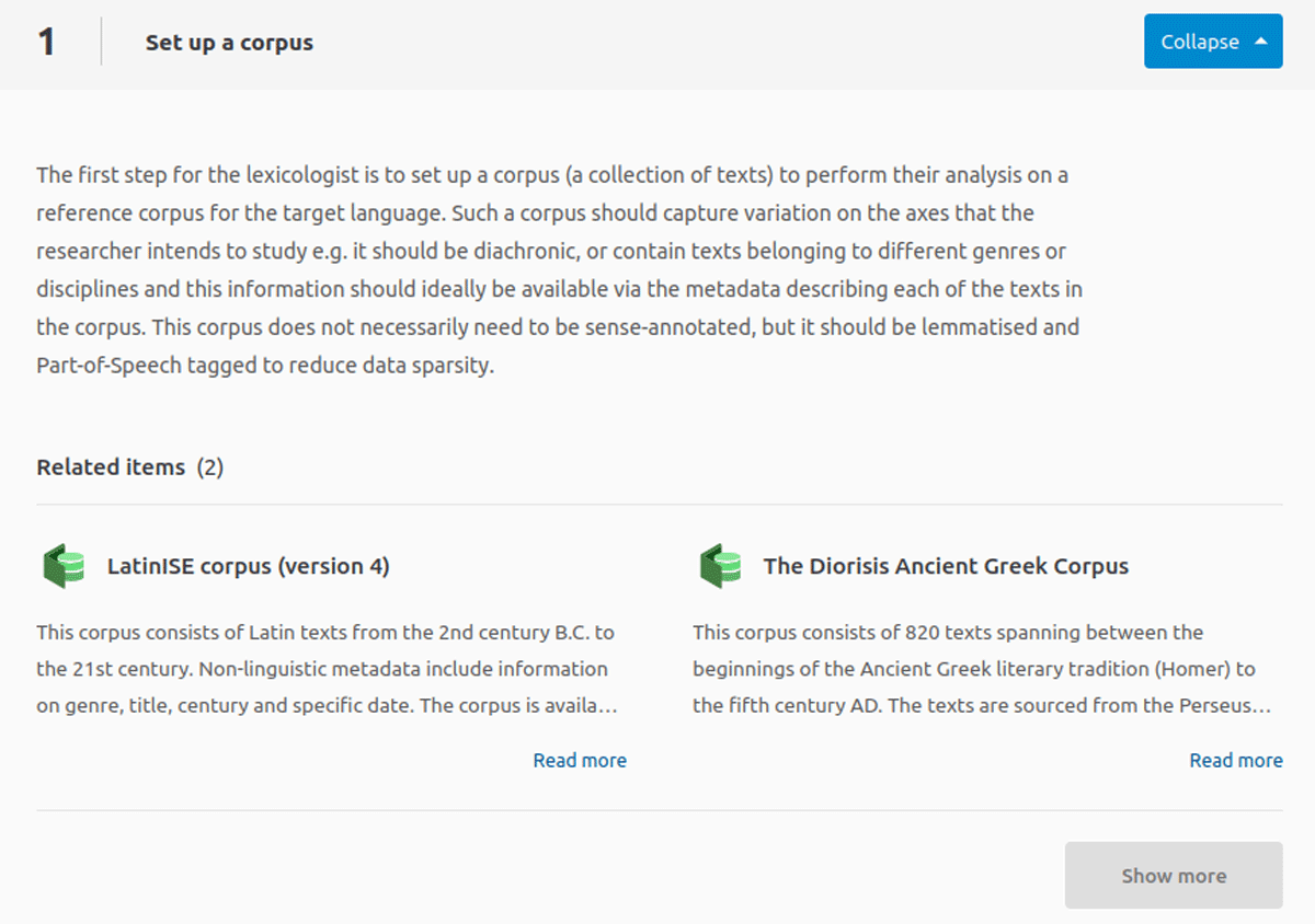 Screenshot of the first step of the workflow "Semantic change analysis for lexicological studies". It contains a description of what should be done in the first step "Set up a corpus", and two related items (the Latin corpus LatinISE and the ancient Greek corpus Diorisis)"