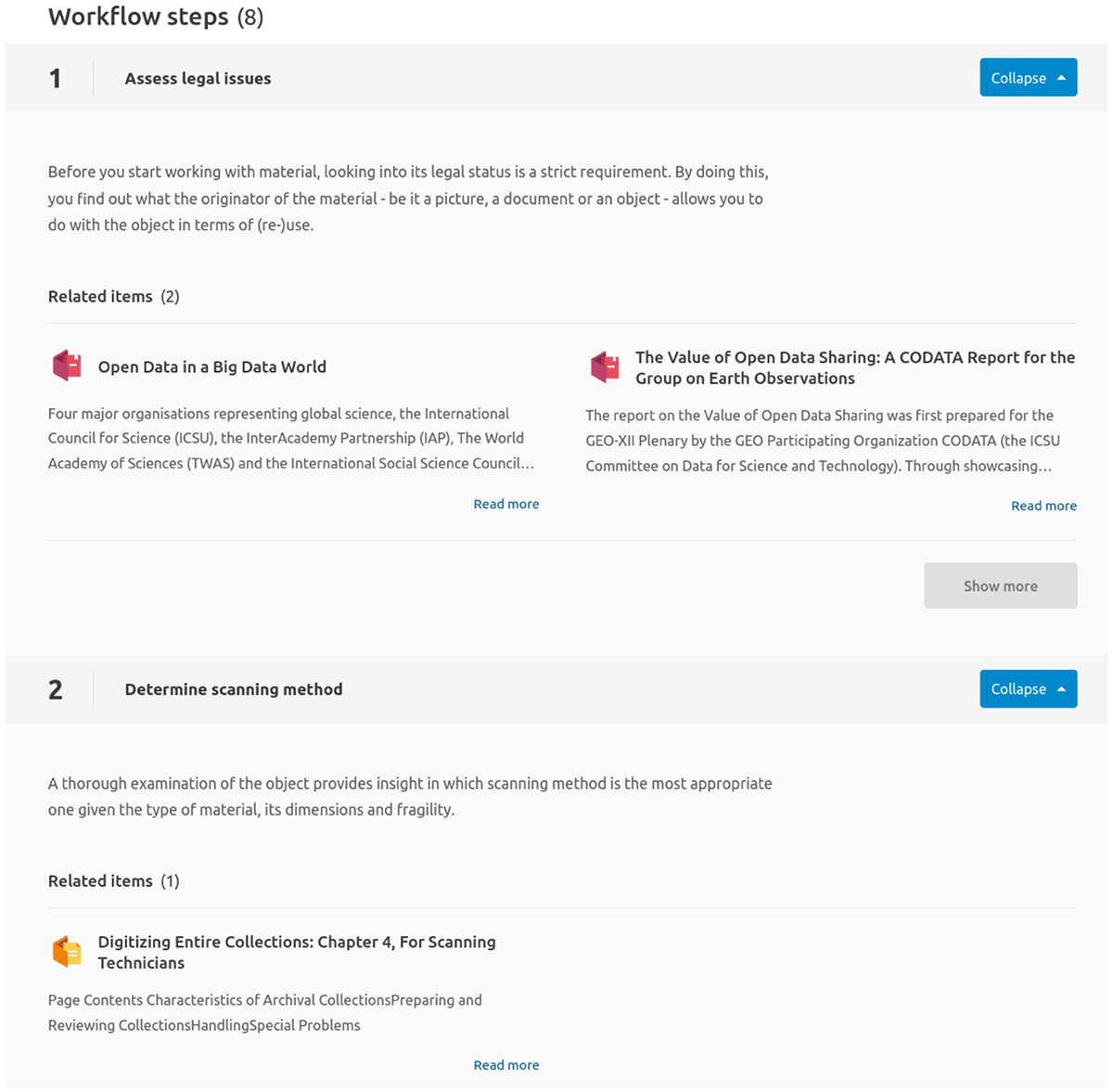 illustrates screenshot of steps 1 and 2 and their associated resources from the SSH Open Marketplace workflow "Digitizing Textual Material