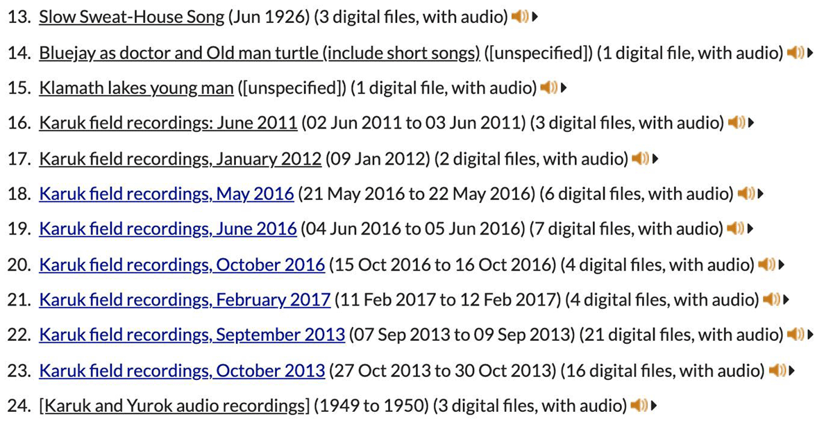 A screenshot of materials from the California Language Archive, where media type and number of files are specified next to the item name