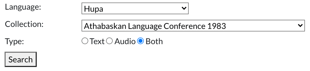 A screenshot of the Alaska Native Language Archive search function. There is an option to search and filter by media type, where the options are “Text”, “Audio”, or “Both”