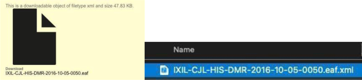 Two screenshots that are pieced together to form one picture. The screenshot on the left is a sample AILLA document that is displayed to be in .eaf file format. The screenshot on the right displays what the file type is when it is actually downloaded, where the file actually receives a .eaf.xml extension (so “.xml” is added to the end of the file name)