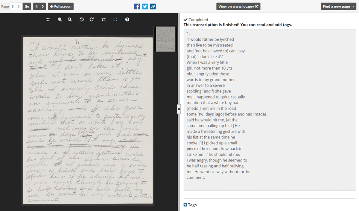 Screenshot of a completed transcription from the Rosa Parks Papers in By the People