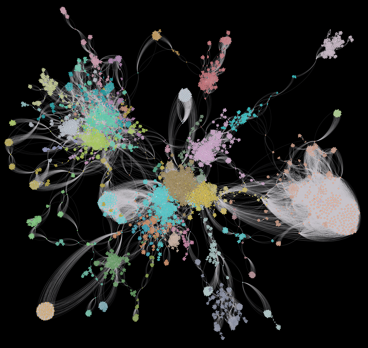 The giant component of the one-mode network visualized with Gephi
                        software (Bastian, Heymann, & Jacomy, 2009)