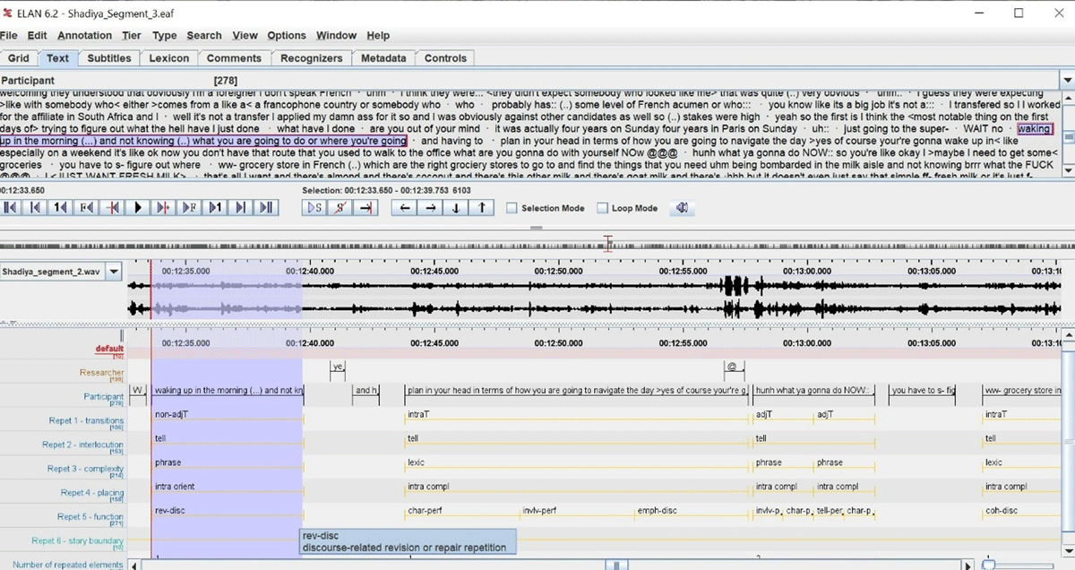 The same segment as in Extract 2 that has now been coded for instances of repetition, using controlled vocabularies, and tiers