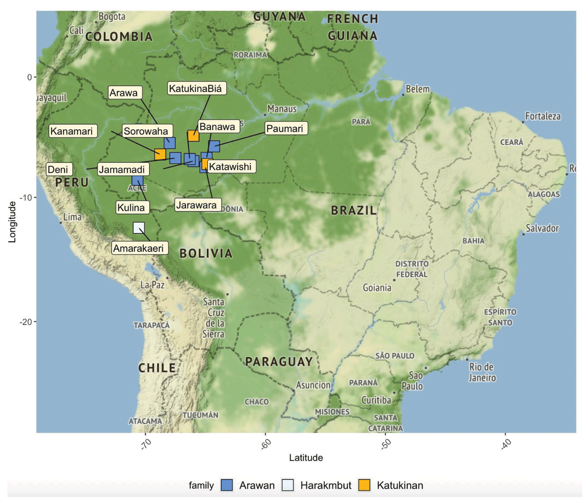 Location of the Arawan languages according to Glottolog