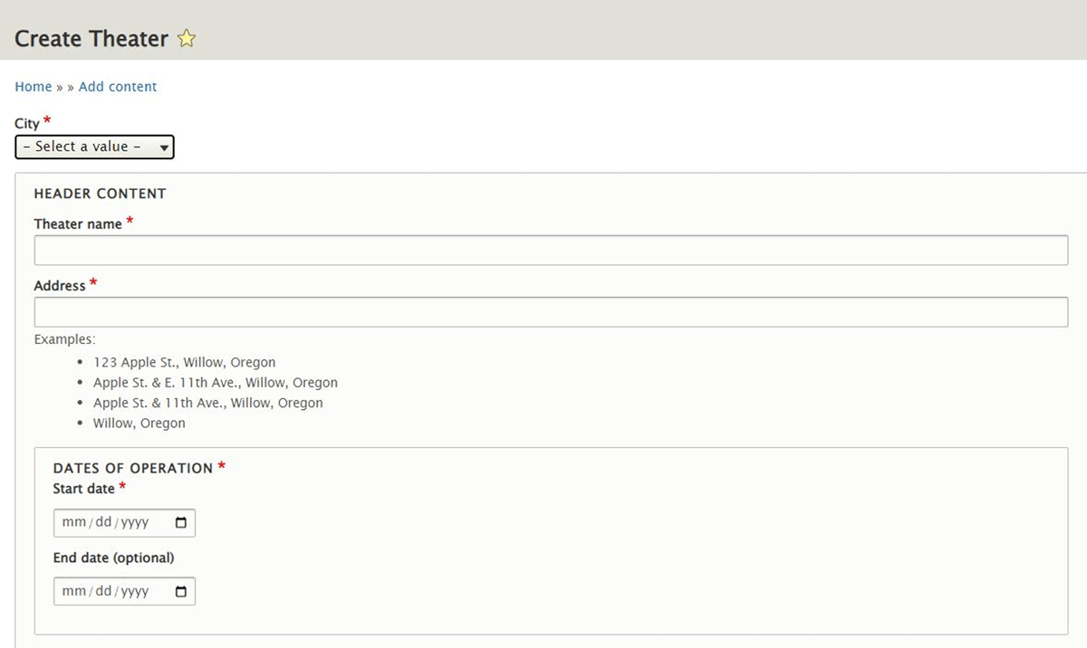 OTP Drupal entry form includes controlled entry dropdown for City but open text entry boxes for Theater name and Address